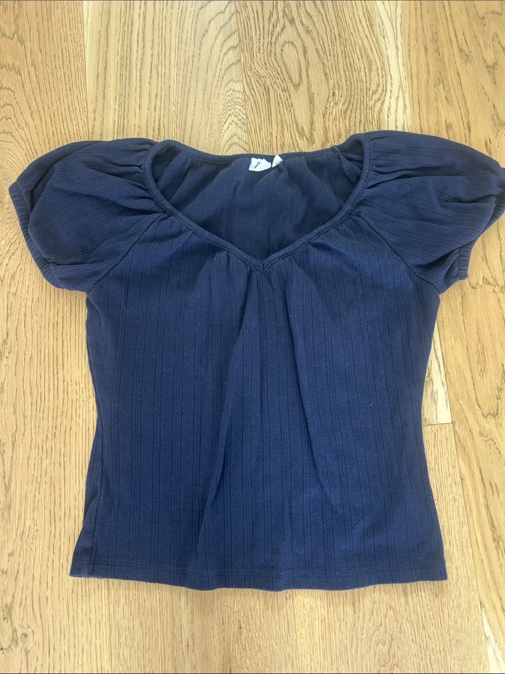 GAP Navy Puff-Sleeve Ribbed V-Neck Top